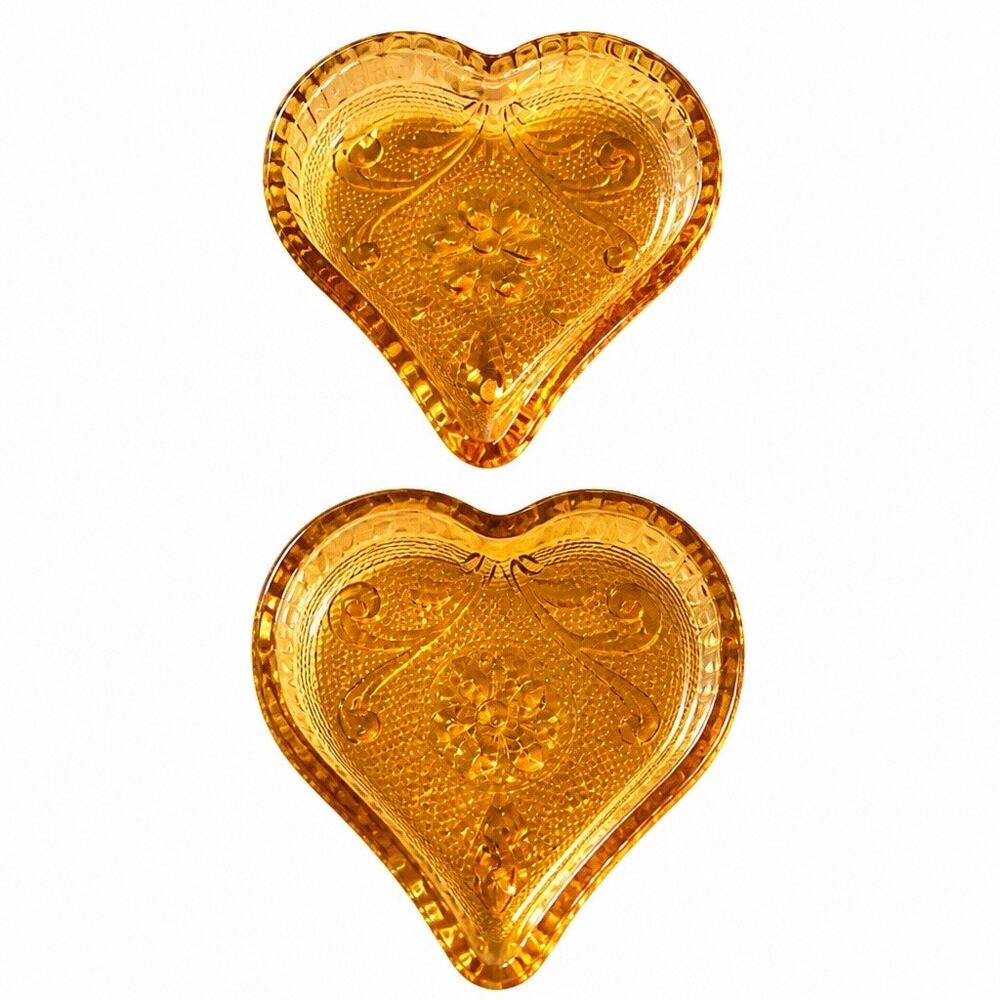 Vtg 70s Amber Indiana Glass Tiara Heart Shaped Ring Trinket Dish Pair